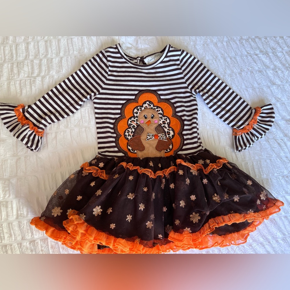 Emily Rose Brown, White Stripe & Orange Turkey Tulle Dress Girl 3T